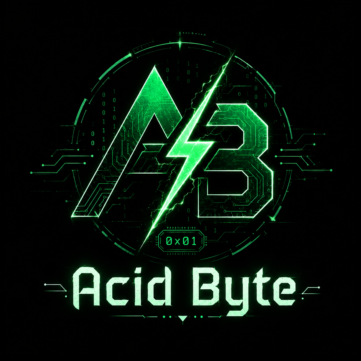 Acid Byte hacker-style neon green logo with lightning and 0x01 byte motif